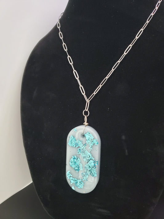 Oval Shaped Pewter/Silver Blue Foil Pendant
